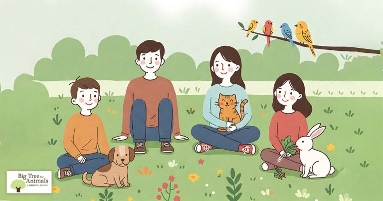 犬、猫、鳥、ウサギと人が自然で一緒に過ごす