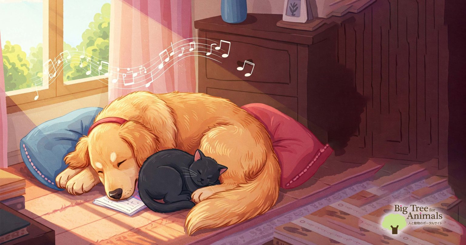 音楽を聴きながら眠る犬と猫