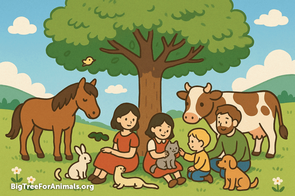 大きな木の下に集まる笑顔の人と動物たち