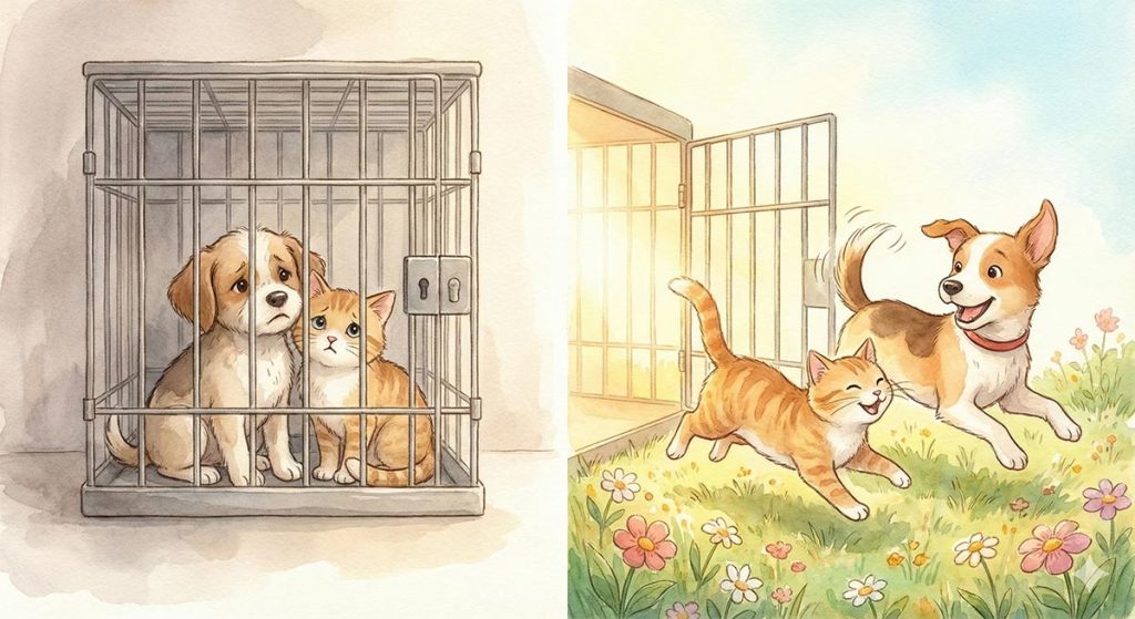 ケージの中で震える犬と猫、ケージから自由になって嬉しそうな犬と猫